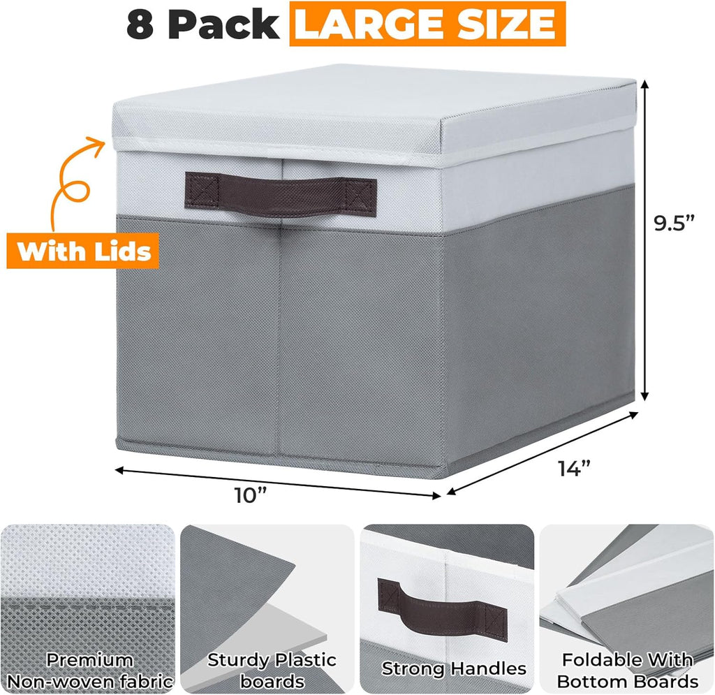 8 Pack Closet Storage Bins with Lids - Stackable Storage Baskets for Organizing Clothes Toys Blankets - Odorless for