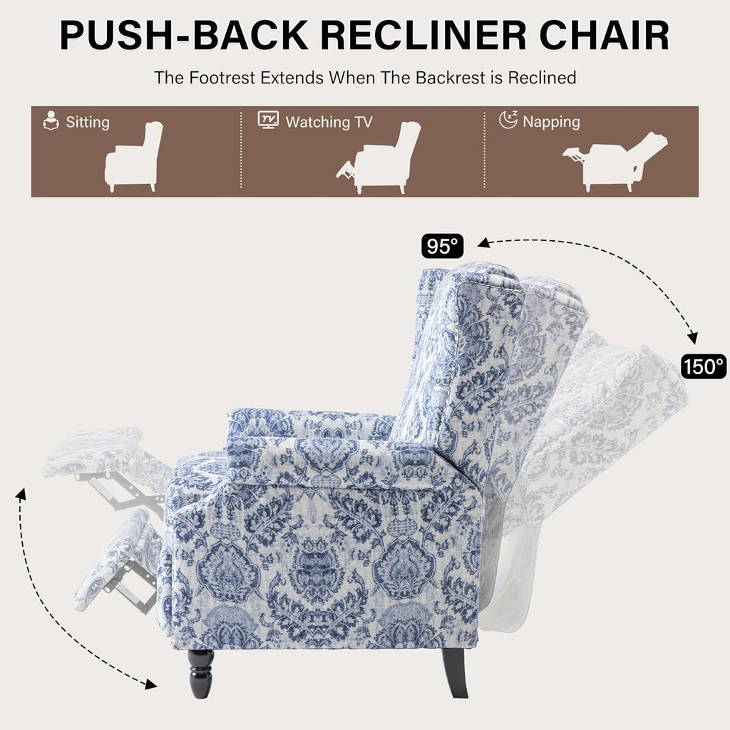 Pushback Floral Recliner Chair, Fabric Upholstered Armchair Push Back Accent Chair for Living Room