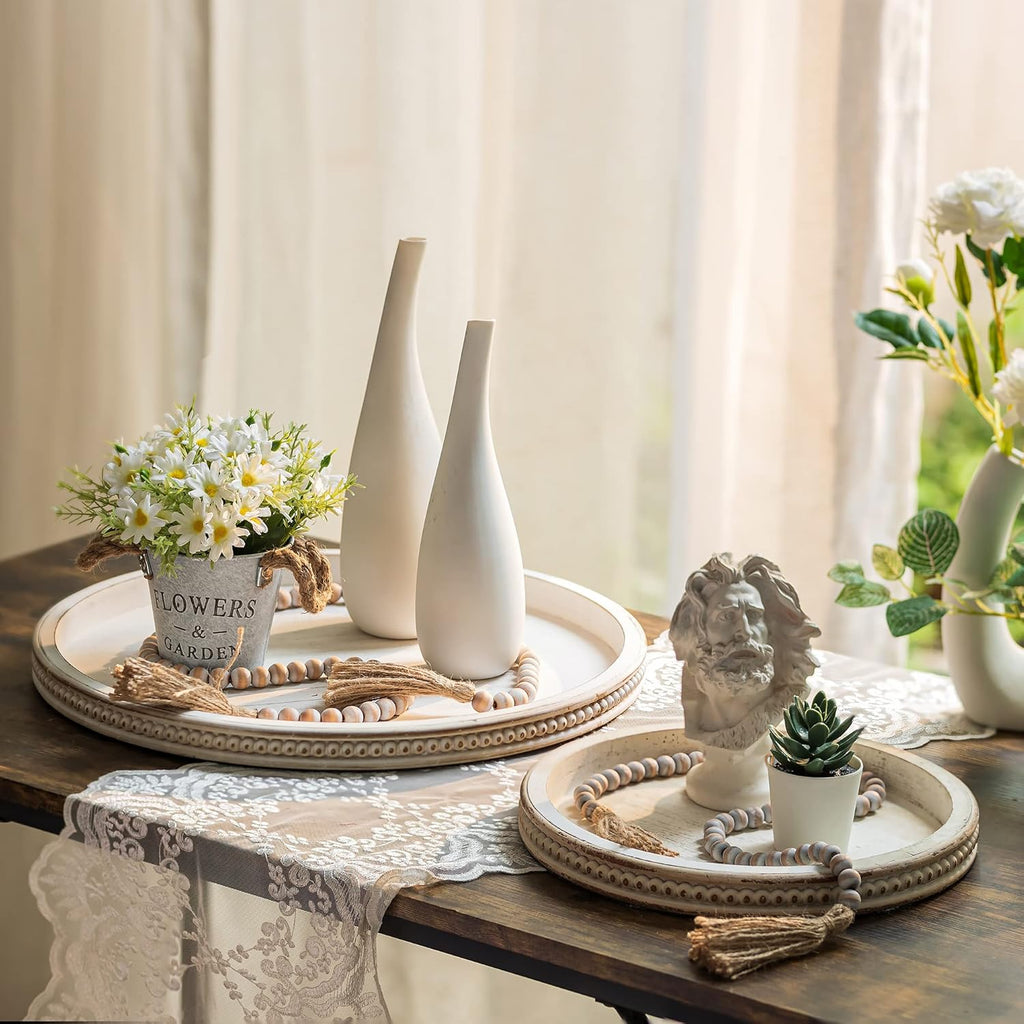 Large Round Decorative Tray: 17" White Coffee Table Decor Wood Centerpiece Beaded Trays Farmhouse Boho Ottoman