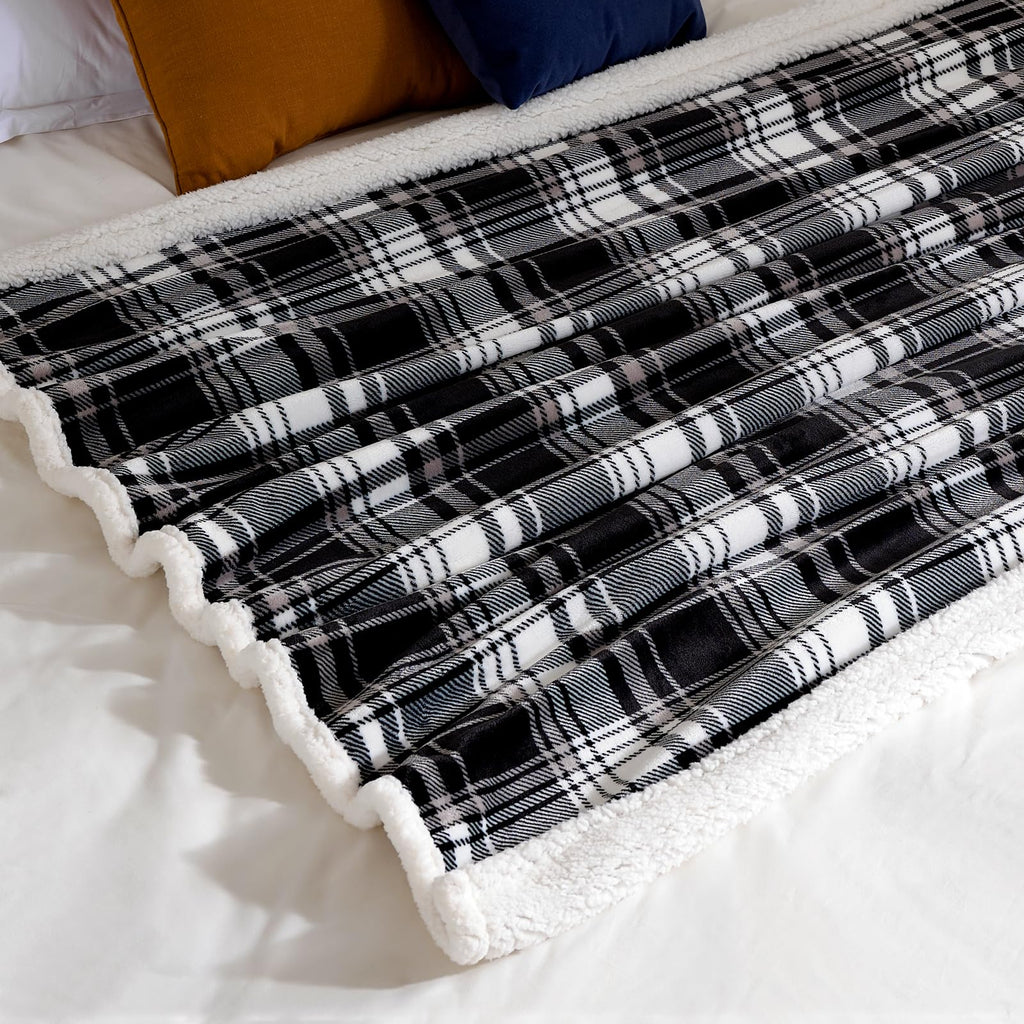 Sherpa Plaid Throw Blanket, Fleece Flannel Plush Twin Size Microfiber Blanket for Couch Bed Sofa, Fuzzy Fluffy Cozy