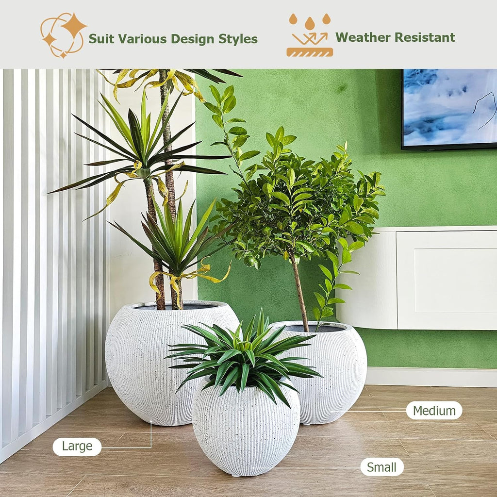 16" H x 20" D Premium Globo Fiberstone Planter - Speckled White | 13.5" Pot Opening, Ribbed, Included 2 Extra Coco
