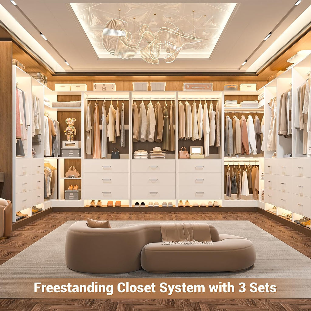 Closet System with 3 Drawers, 2 Hanging Rods & Corner Tower, Corner Closets System with Hanging, L-Shaped Walk-In