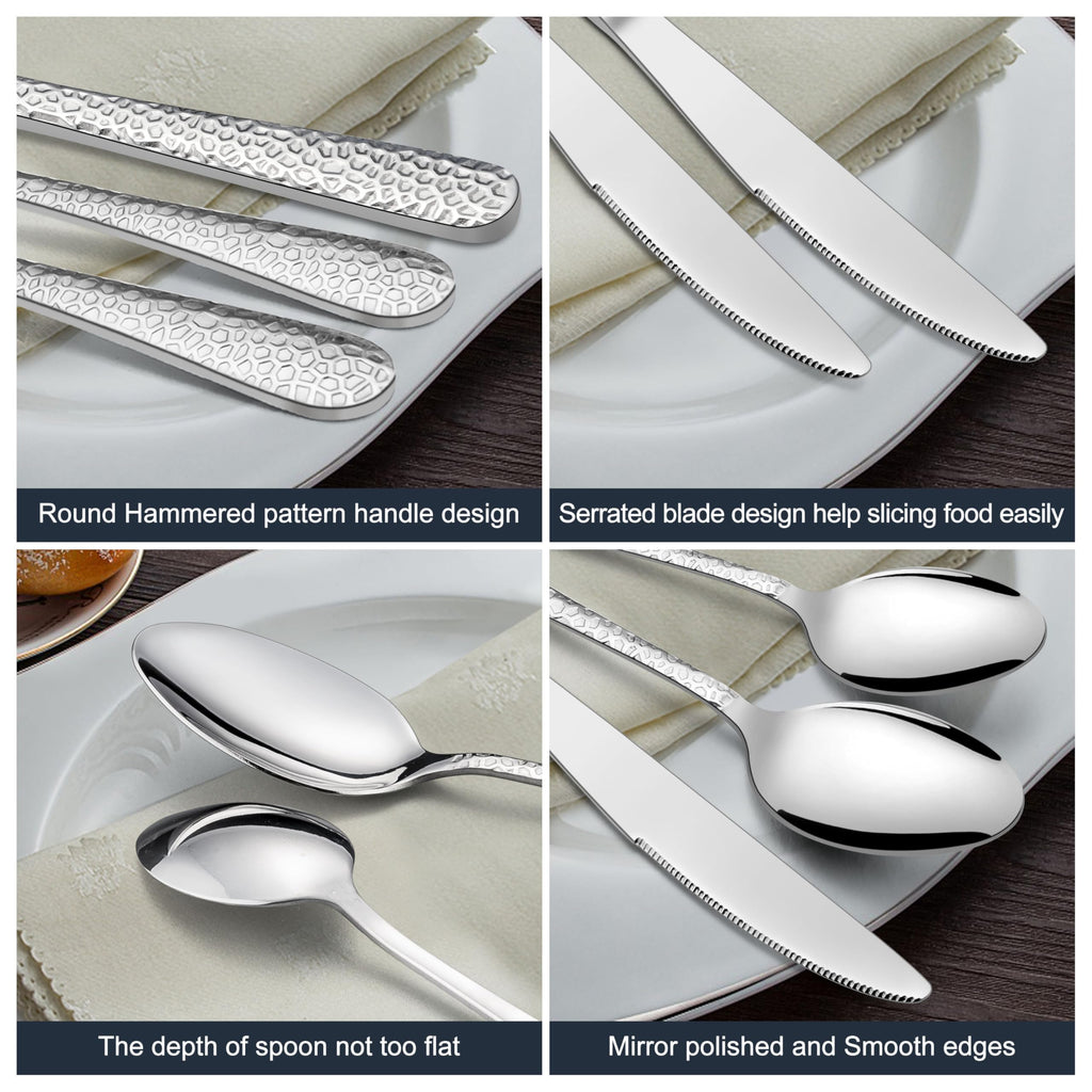 Hammered Silverware Set, 60-Piece Stainless Steel Flatware