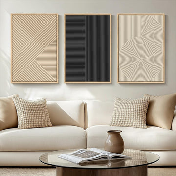 Framed Neutral Abstract Wall Art , Set of 3 Piece Boho Modern Beige Canvas Artworks for Walls, Minimalist Geometric