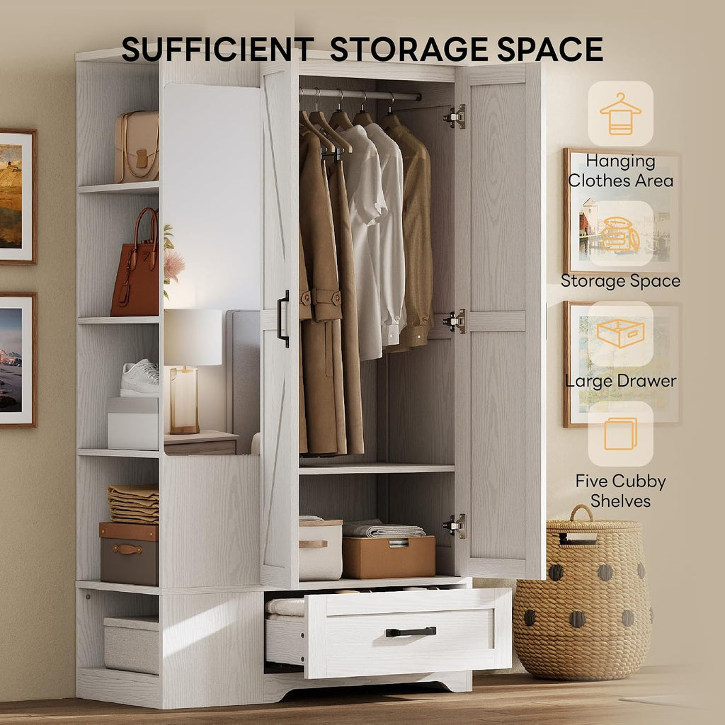 Armoire Wardrobe Closet 70 Inches, Large Storage with Mirror, 2 Doors, Drawer, and Shelves, Modern Bedroom