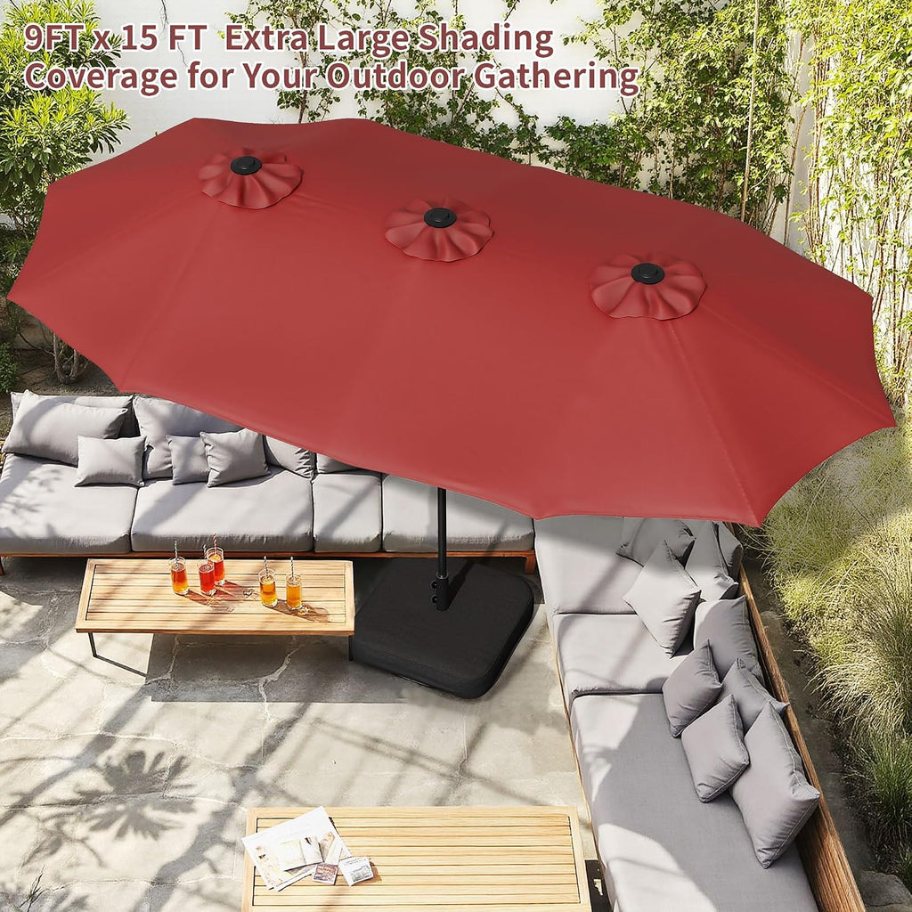16FT Large Patio Umbrella with Base Included, Outdoor Double-Sided Rectangular Shade with Crank Handle Red