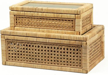 Rattan Display Box Decor with Lid - Rectangular Coastal Bohemian Style Stackable Decorative Storage Box Set