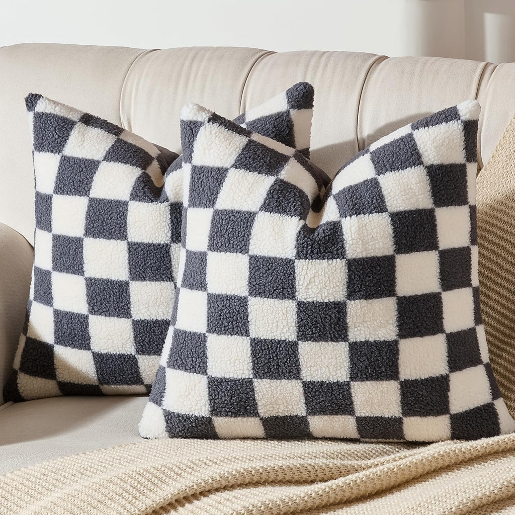 2 Pack Checkerboard Throw Pillow Covers 20x20 Inch Gray