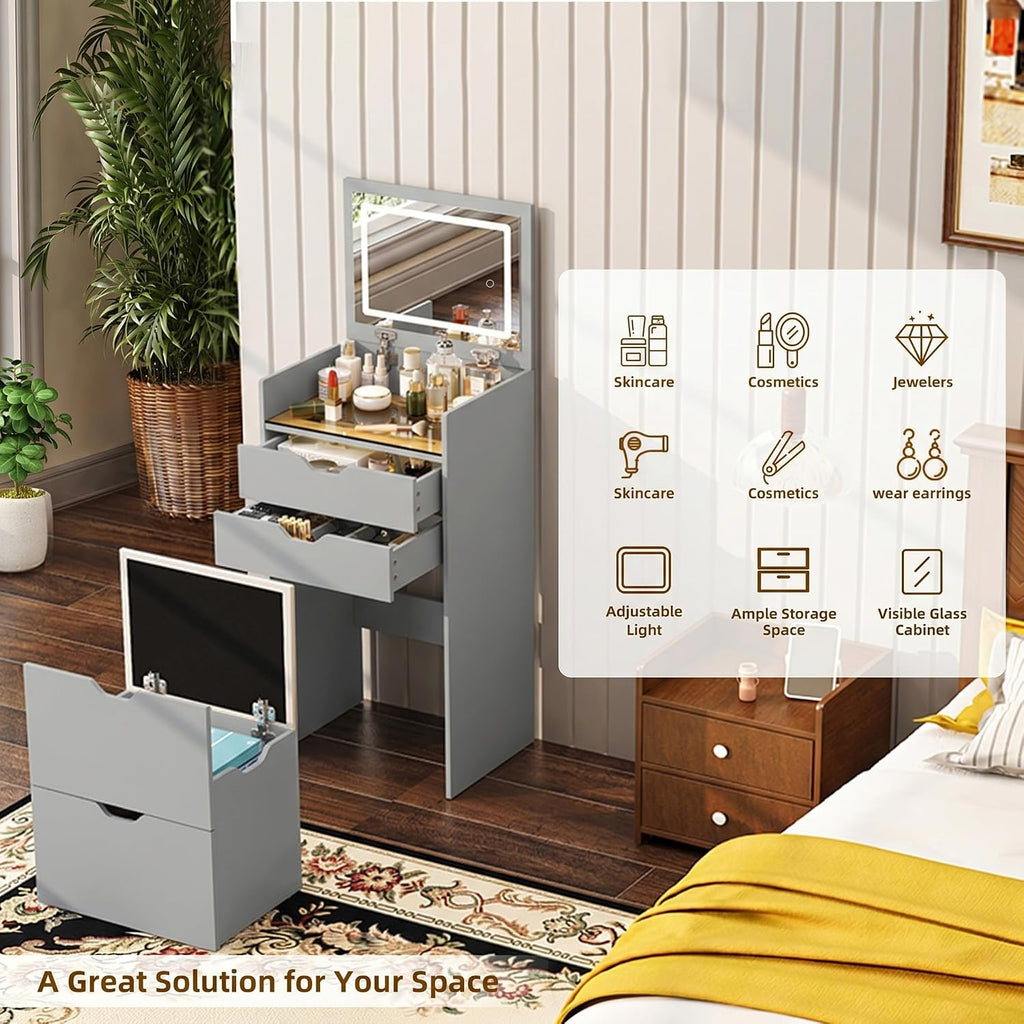 Vanity Desk with Mirror and Lights, Vanity Table Set with Storage Drawer, Bedroom Dressing Table with Charging