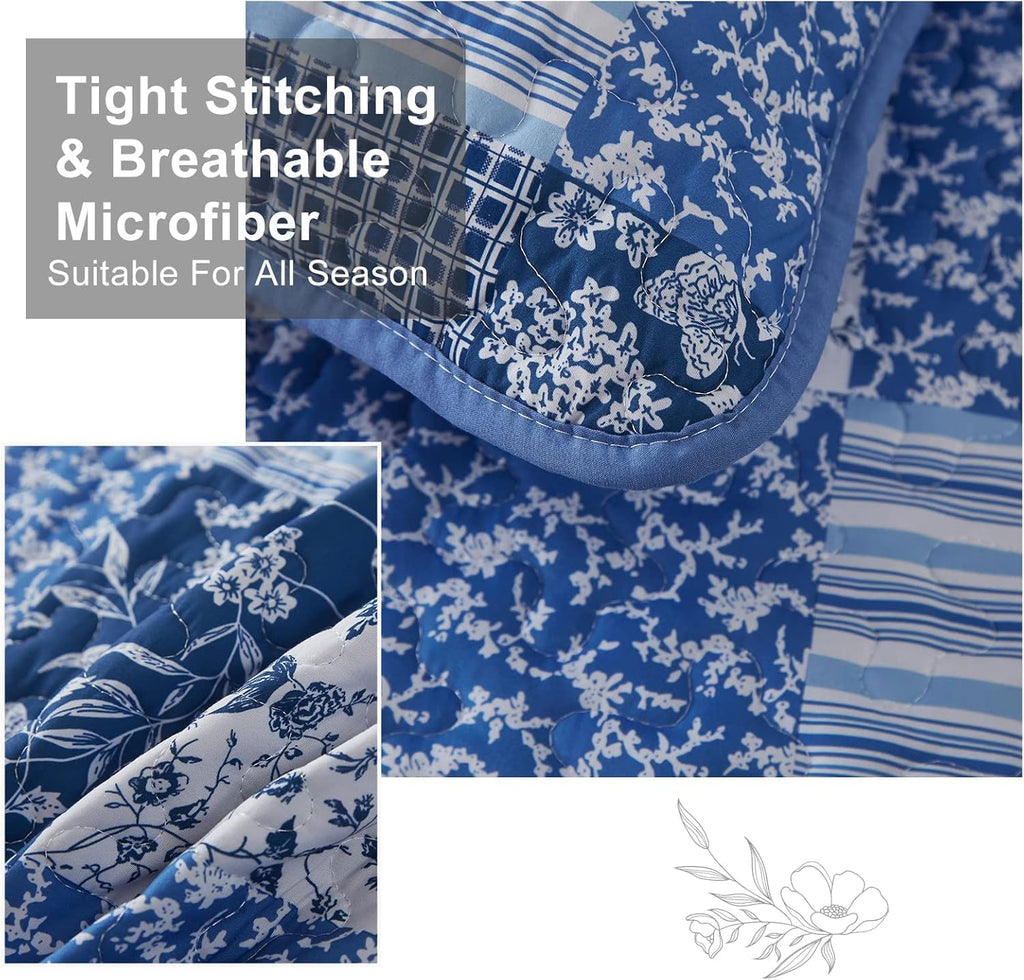 Boho Quilts Queen, Patchwork Floral Bedding Set, Blue - Set of 3