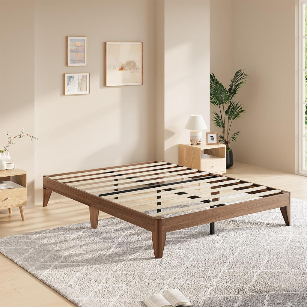 Wood Platform Bed Frame Queen, Solid Wooden Legs and Wooden Slats Support, Sturdy Metal Central Structure, No Box