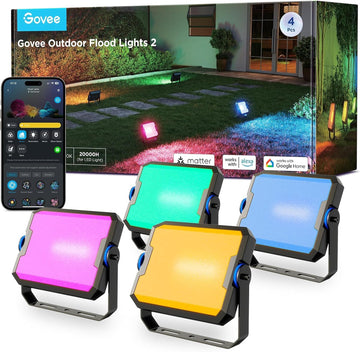 Outdoor Flood Lights 2, RGBIC IP66, Wired 4 Pack | 50 Scene Modes,App Control,RGBIC Warm Cold White lights,Compatible