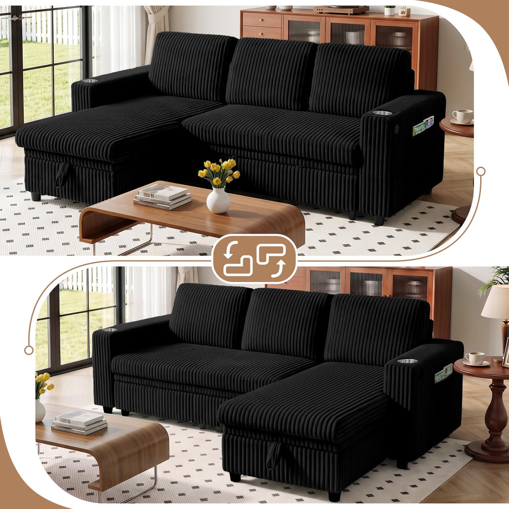 82.5" Pull Out Sleeper Sofa Bed with Storage Chaise, Black