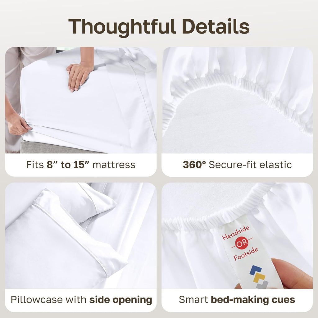 Soft 100% Cotton Sateen King Sheets Set, White