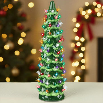 Ceramic Christmas Tree, 21in Pre-Lit Hand-Painted Tabletop Holiday Decoration w/Multicolor Bulbs, LED Lights - Green