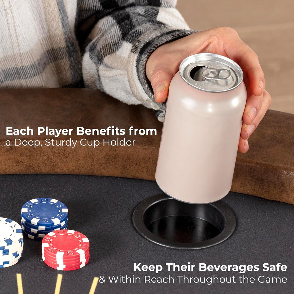 8 Player Round Foldable Poker Table, Casino Leisure Texas Holdem Table, w/Water Resistant Cushioned Rail, 8 Cup