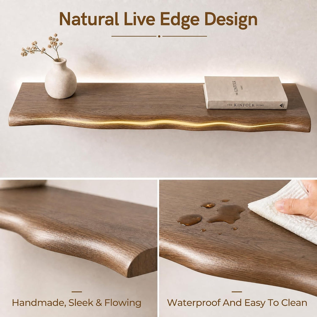 Live Edge Floating Shelves for Wall, Long Walnut Wood Wall Shelf | 32 Inch Walnut Finish Shelves, Set of 2, with Mid