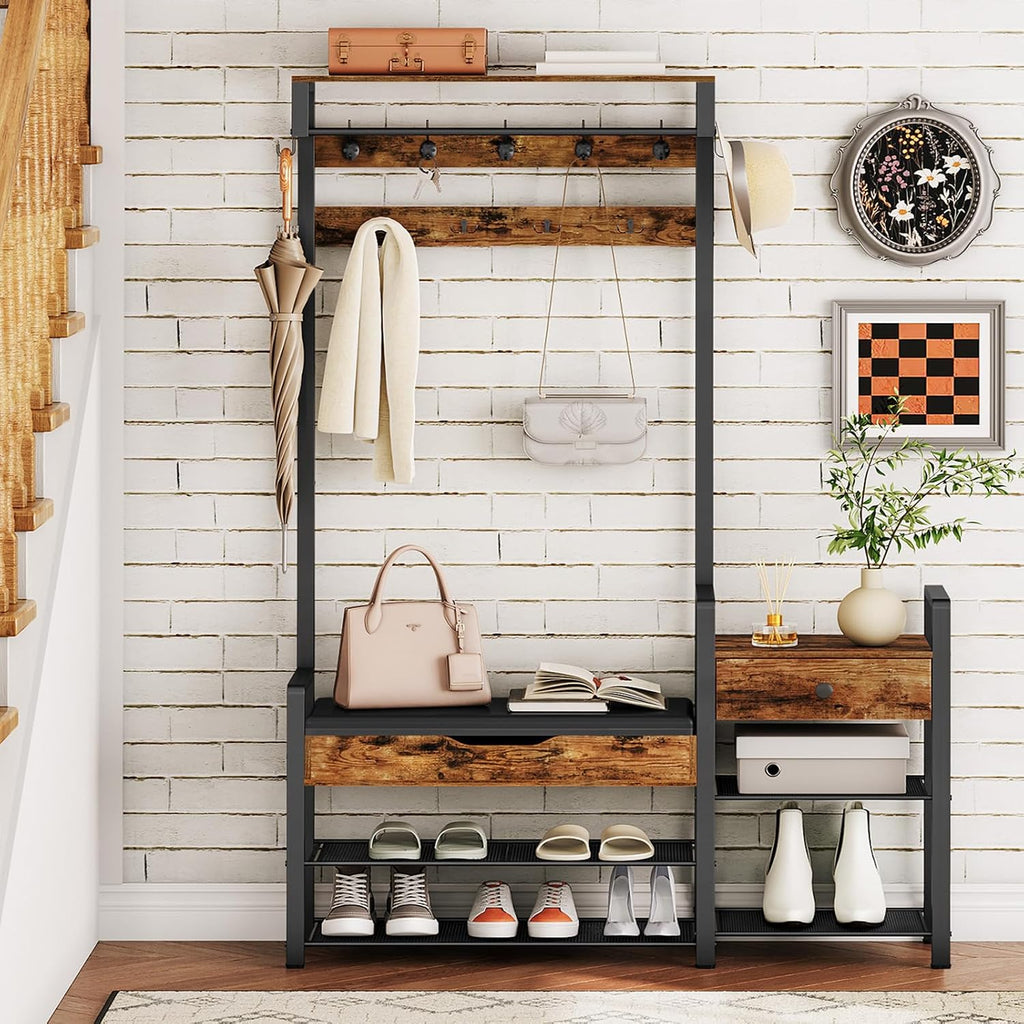Hall Tree with Bench, Shoe and Coat Rack , Coat Rack with Bench, Flip Top Storage Box, PU Cushioned Seat, Non-Woven