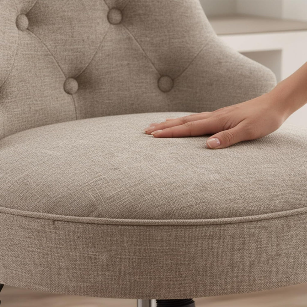 Home Upholstered Armless Linen Fabric Desk Chair with Wheels Adjustable Height Computer Desk Chair with Wooden Legs