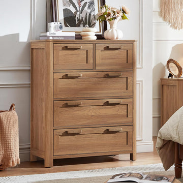 Farmhouse 5 Drawer Dresser , Brown | Vertical Dressers Chest of Drawers with 5 Deep Drawers & 4 Thickened Table Legs