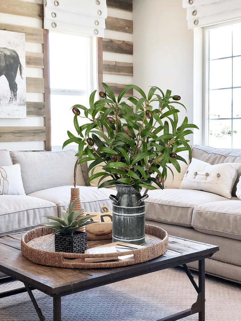 Artificial Olive Branches with Rustic Metal Vase 19in Realistic Faux Olive Greenery Stems Faux Potted Plant Room