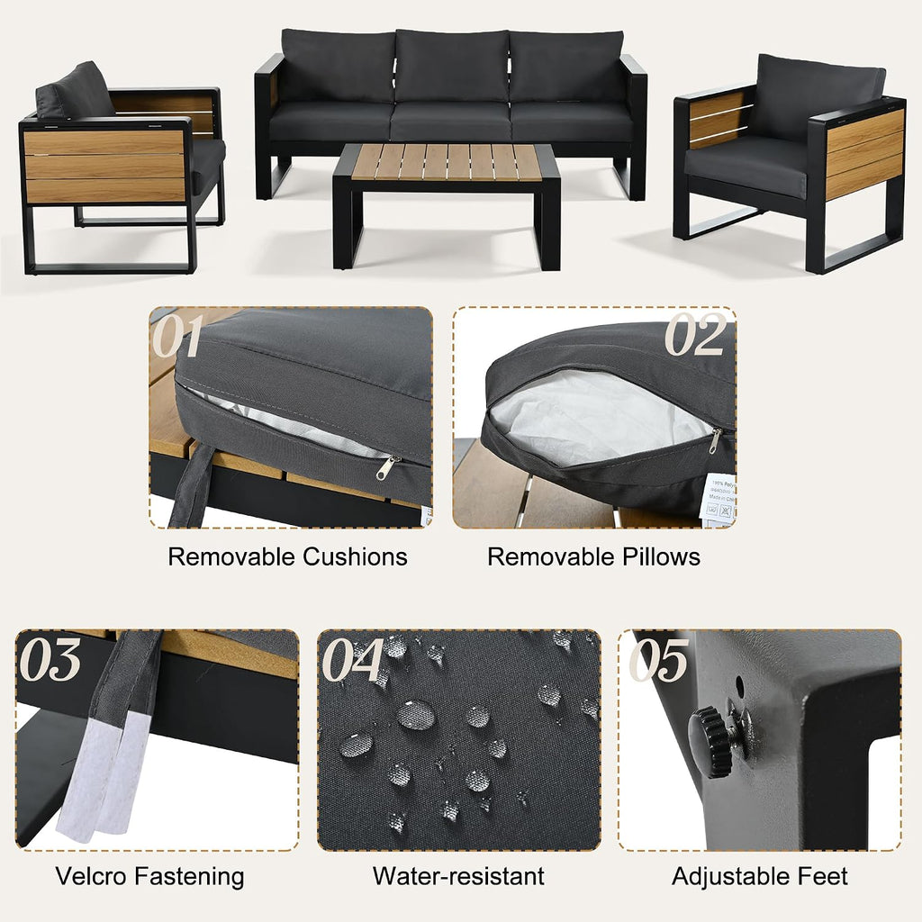 Large 4-Piece Outdoor Patio Furniture Set for 5 Person, 3-Seater Sofa, 2 Armchairs with Fold-Out Side Tables