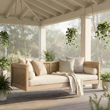 Twin Size Outdoor Porch Swing Bed, Solid Wood Rattan Swing Daybed Frame with Long Ropes , Poolside, Backyard, Light