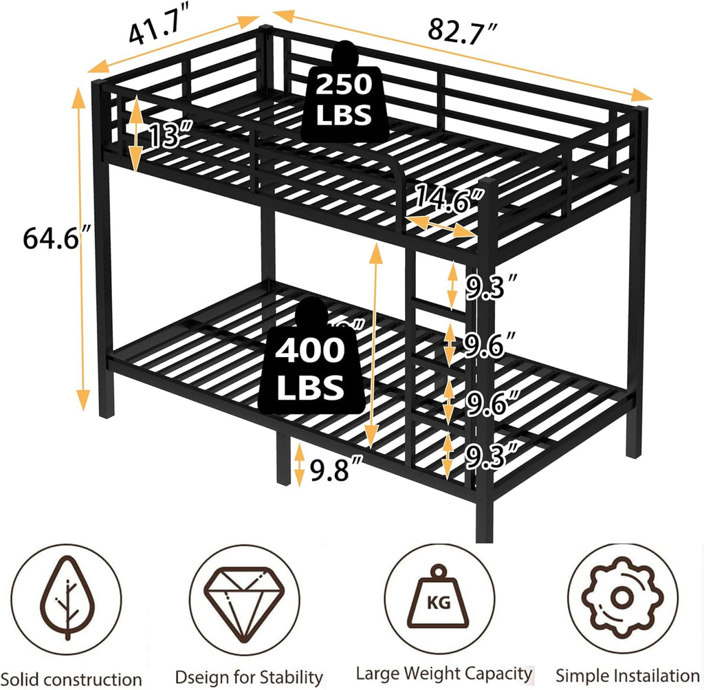 Metal Twin XL Over Twin XL Bunk Bed for Adults/Kids,Heavy Duty Adults Bunk Beds with Guardrail & Ladders,Twin XL Size