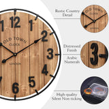 Large Old Town Farmhouse Wall Clock 24 Inch Rustic Antique Wood with Metal Circle and Large Numerals Silent Battery