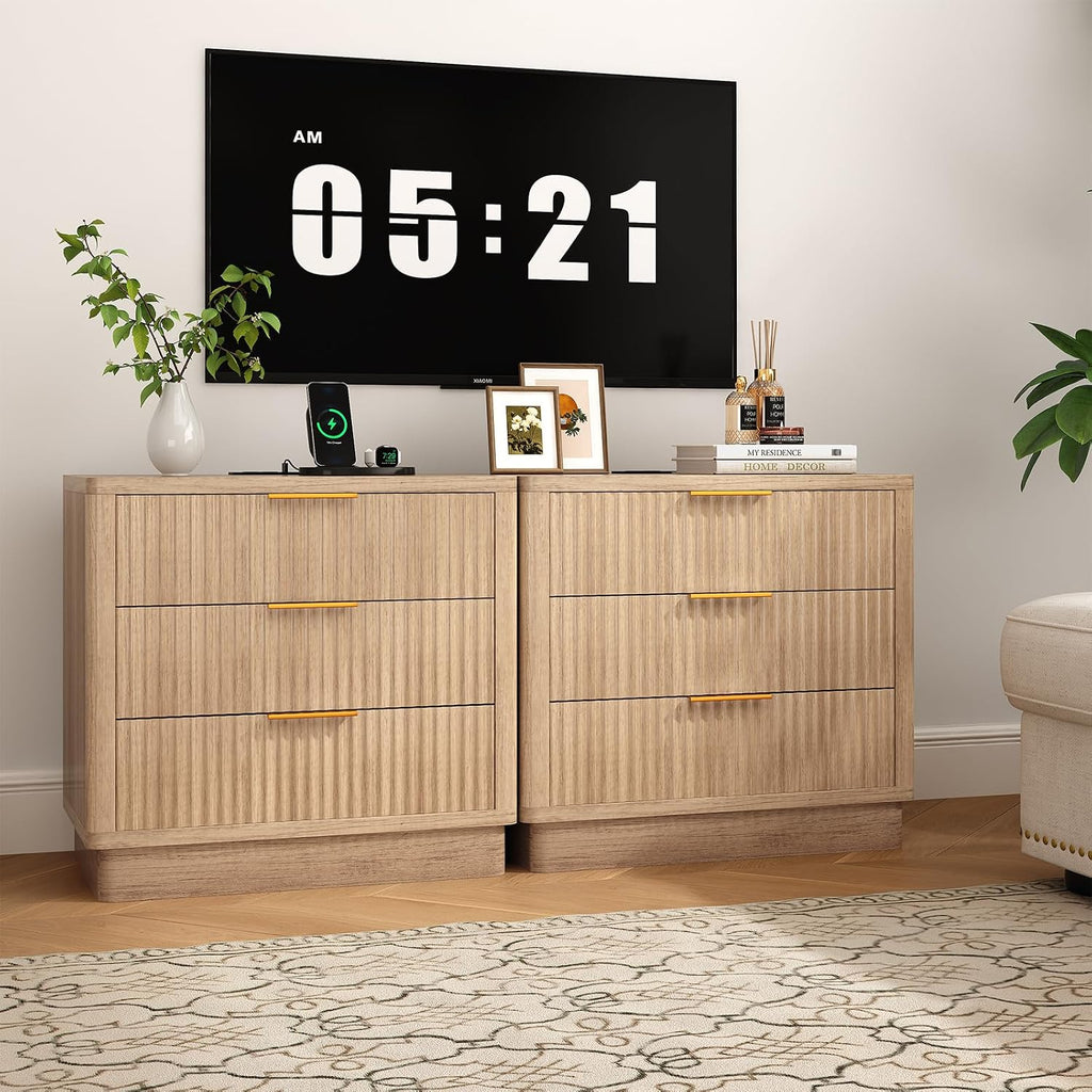 23.6 Inch Nightstand Set of 2 with Charging Station, Natural Oak Fluted Night Stand with 3 Drawer, Large Modern