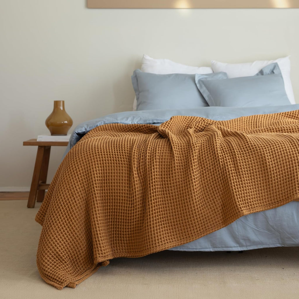 Luxury All Season Waffle Throw Blanket Queen XL Size Caramel - Pure 100% Turkish Cotton Light Airy Blankets