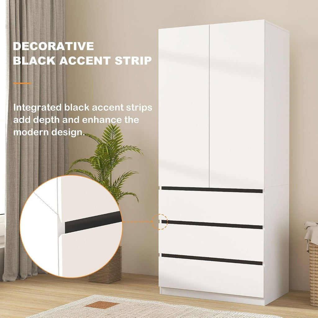 Armoire Wardrobe Closet with Drawers:75" Large White Wardrobe Closet Cabinet with 2 Doors for Hanging Clothes, Modern