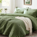 Queen Comforter Set 7 Pieces, Olive Green Seersucker Bed in a Bag with Comforter and Sheets