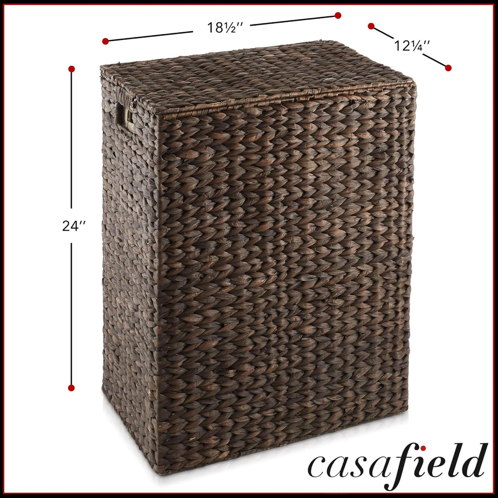 Large Laundry Hamper with Lid and Removable Liner Bag - Espresso Dark Brown, Woven Water Hyacinth Rectangular Laundry