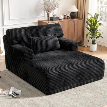Oversized Corduroy Chaise Lounge Chair, Plush Upholstered Sleeper Chair with Back & Throw Pillow , No Assembly