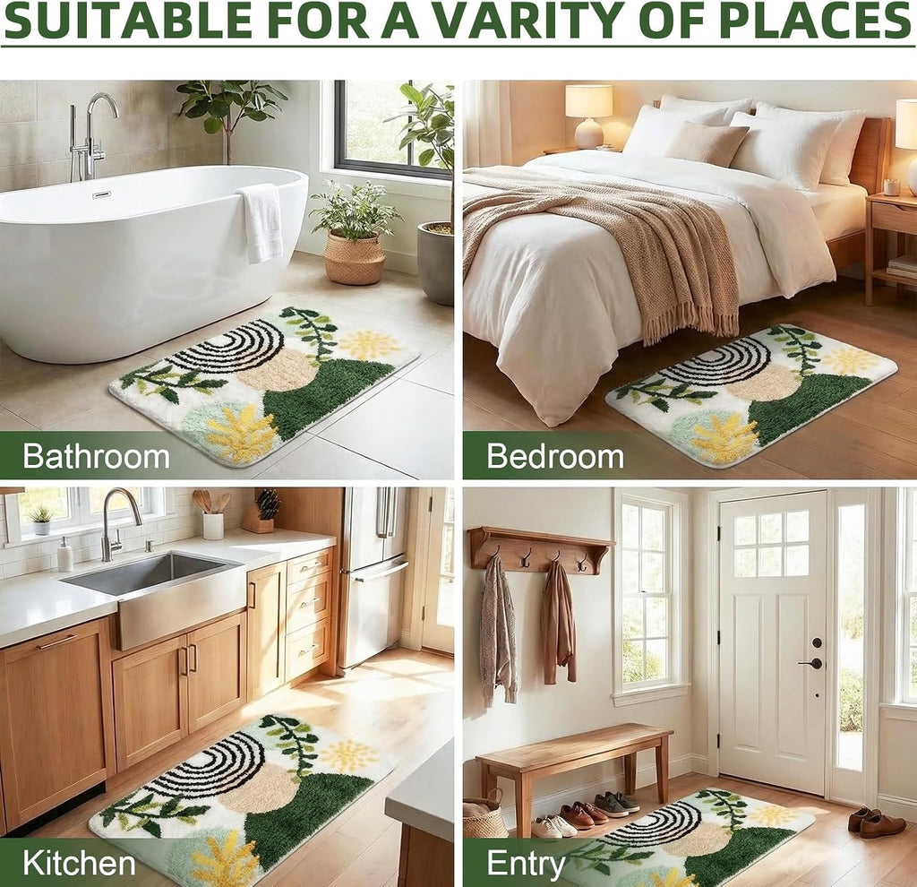 Boho Abstract Gold Plant Bathroom Rug Set 2 Piece Fluffy Microfiber Non-Slip Water Absorbent Bath Mat Soft Washable