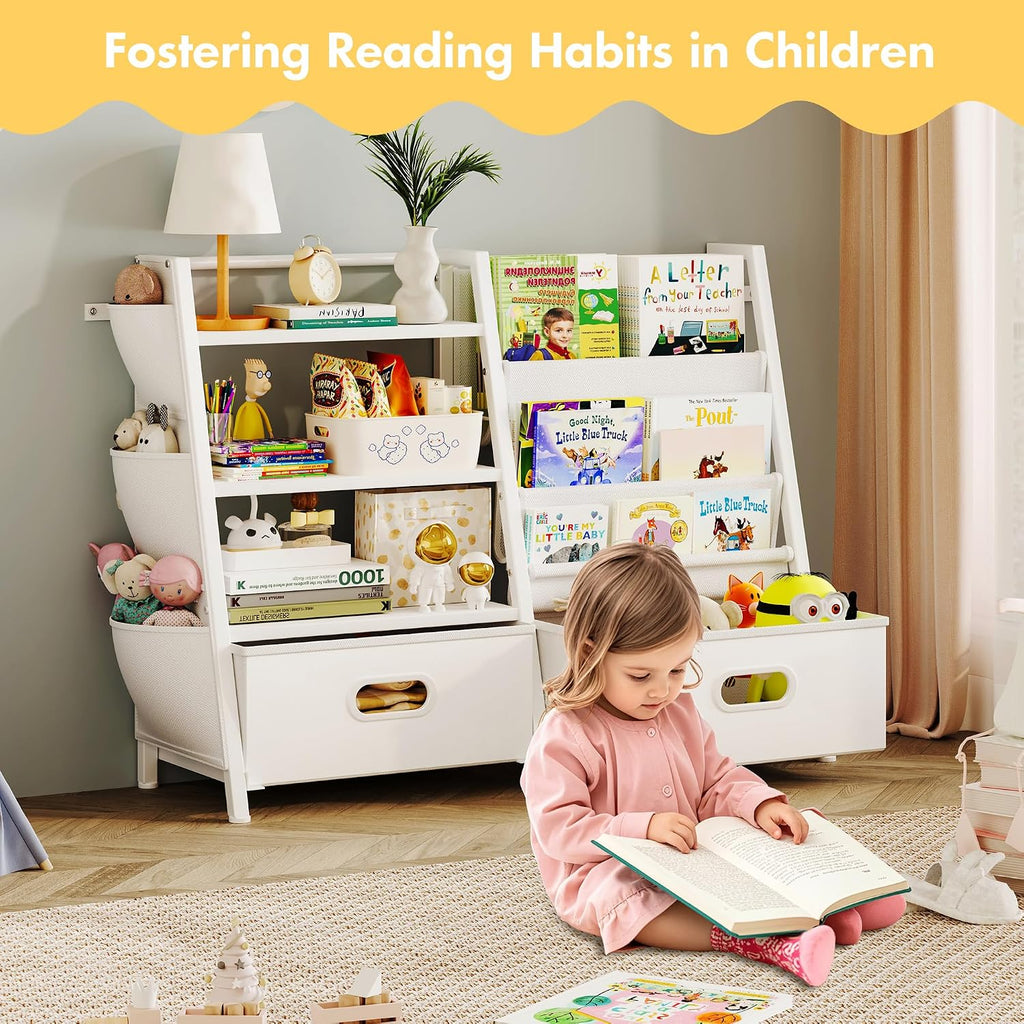 Kids Bookshelf and Toy Storage Organizer, 3 Tier Kids Bookcase, Sling Bookshelf and 2 Toy Bins with Toy Storage