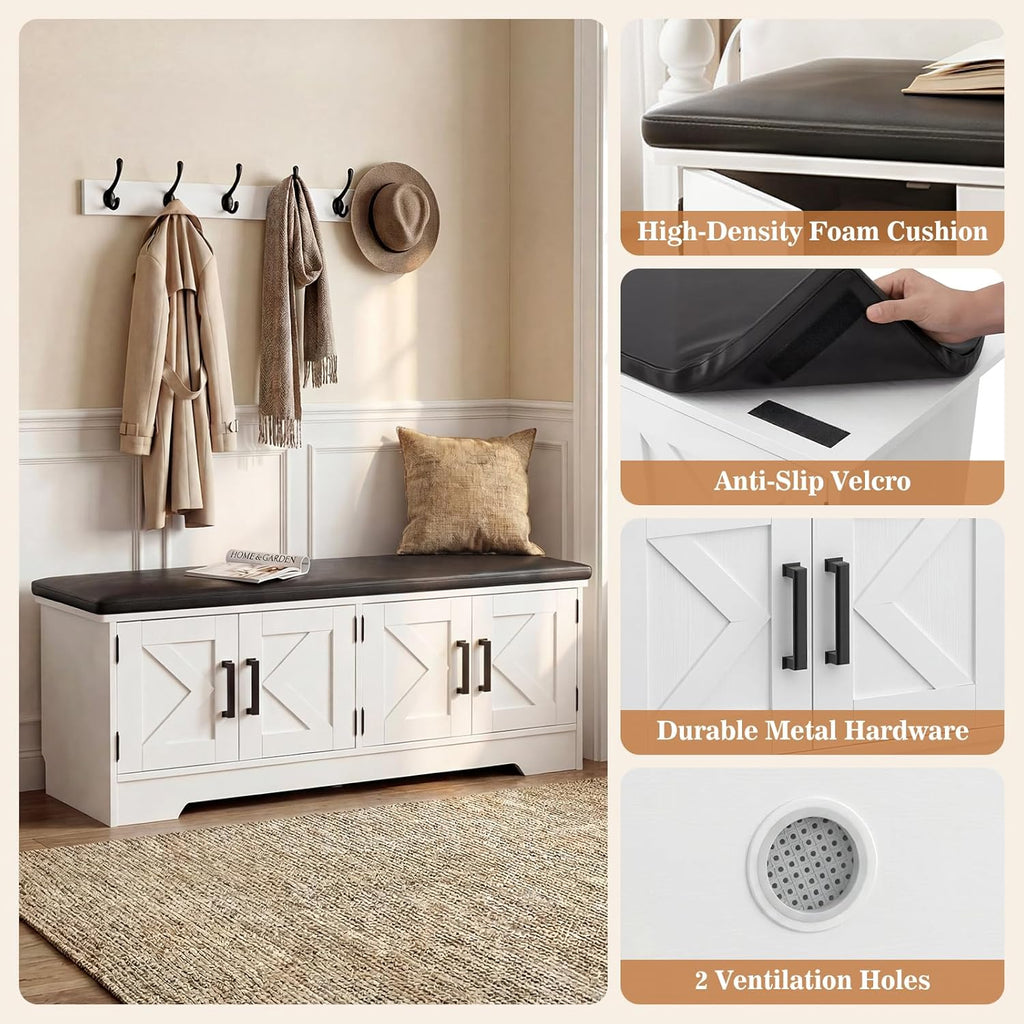Farmhouse Shoe Storage Bench with Cushion - 43.3" Entryway Bench with Storage & 4 Barn Doors, 2-Tier Wooden Shoe Rack