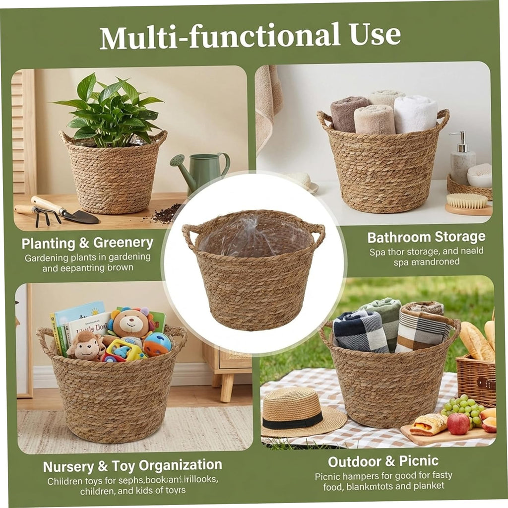 Wicker Blanket Basket, Decorative Round Seagrass Basket with Woven Handles, Planter Pot , Floor Standing Storage