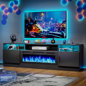 70" Fireplace TV Stand with Power Outlet for TVs UP to 80", Electric Fireplace Entertainment Center with LED Lights & Storage Cabinets, TV Console for Living Room, Office, Black-Black