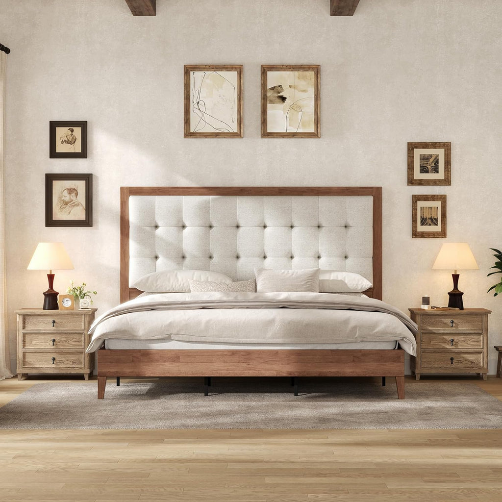 Queen Bed Frame with Headboard, Solid Wooden Bed Frame Queen Platform Bed Mid-Century Style, No Box Spring Required
