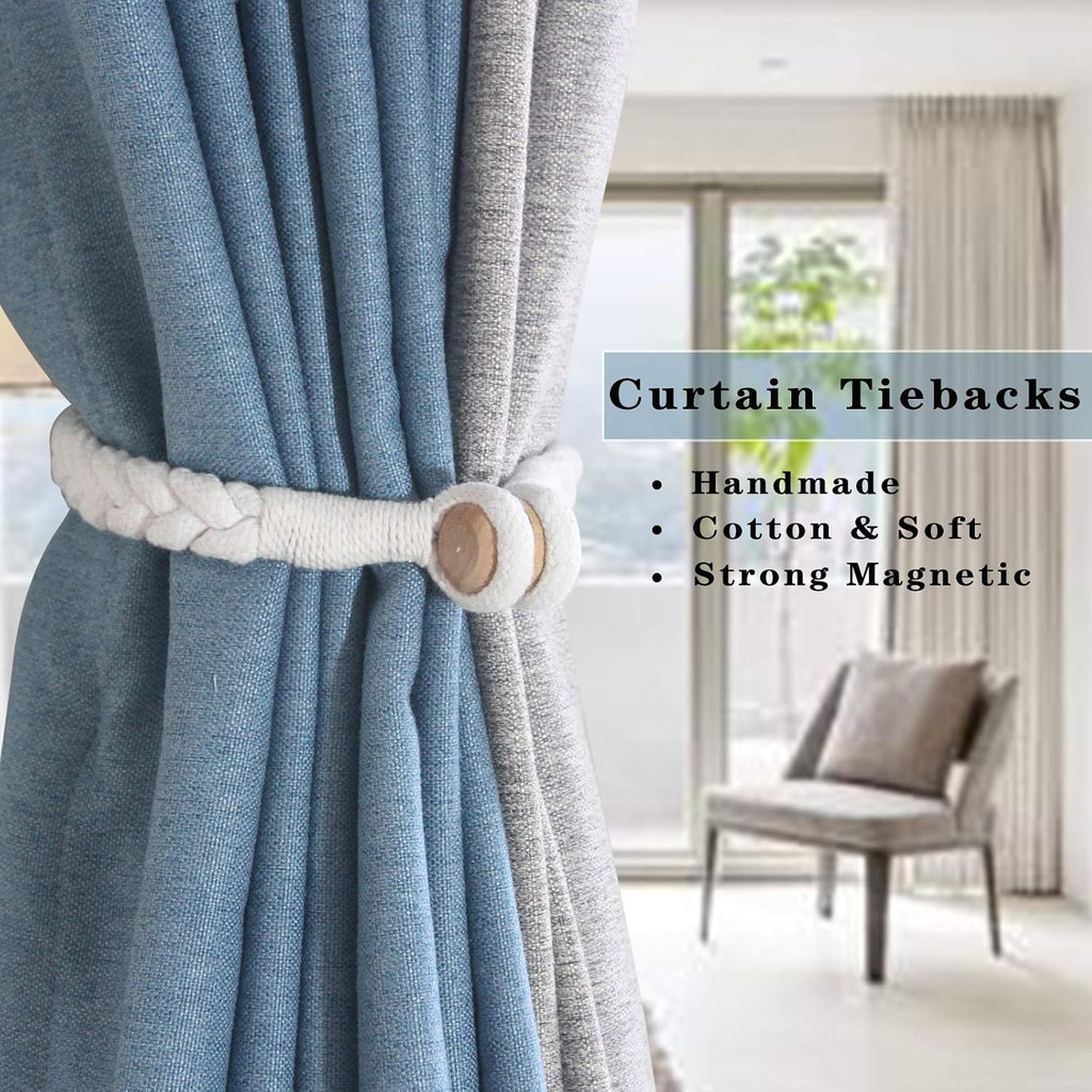 4 Pack White Magnetic Soft Curtain Tiebacks Cotton Hand-Woven Tieback Holdback Home Decorative Tie Backs with Wooden