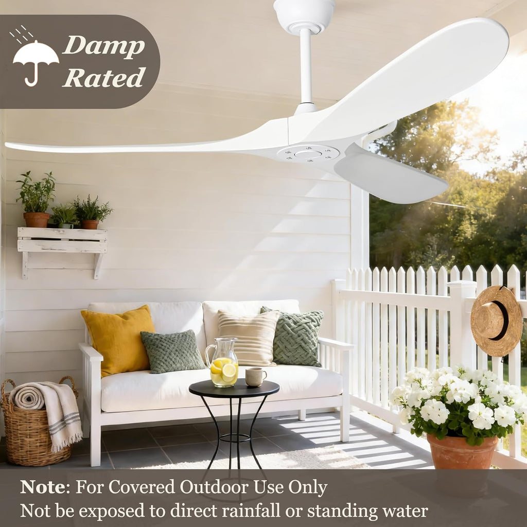 Inspired Maverick Style 72" White Ceiling Fans Without Lights, 72 Inch Outdoor Ceiling Fans no Lights, 3 Blade Solid Wood Damp Rated Ceiling Fan with Remote Control for Living Room Porch Gazebo Farmhouse/Patios-White Blades