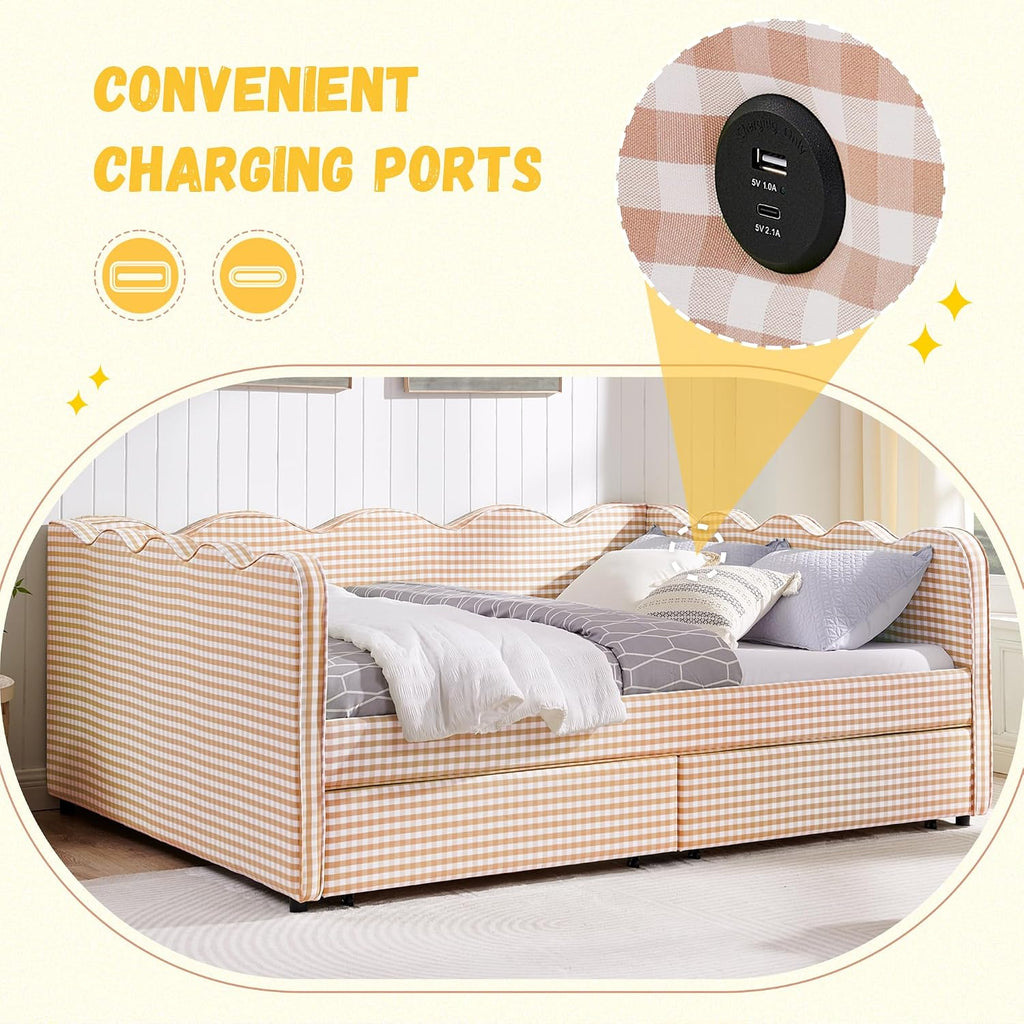 Queen Gingham Daybed with 2 Storage Drawers and USB Ports