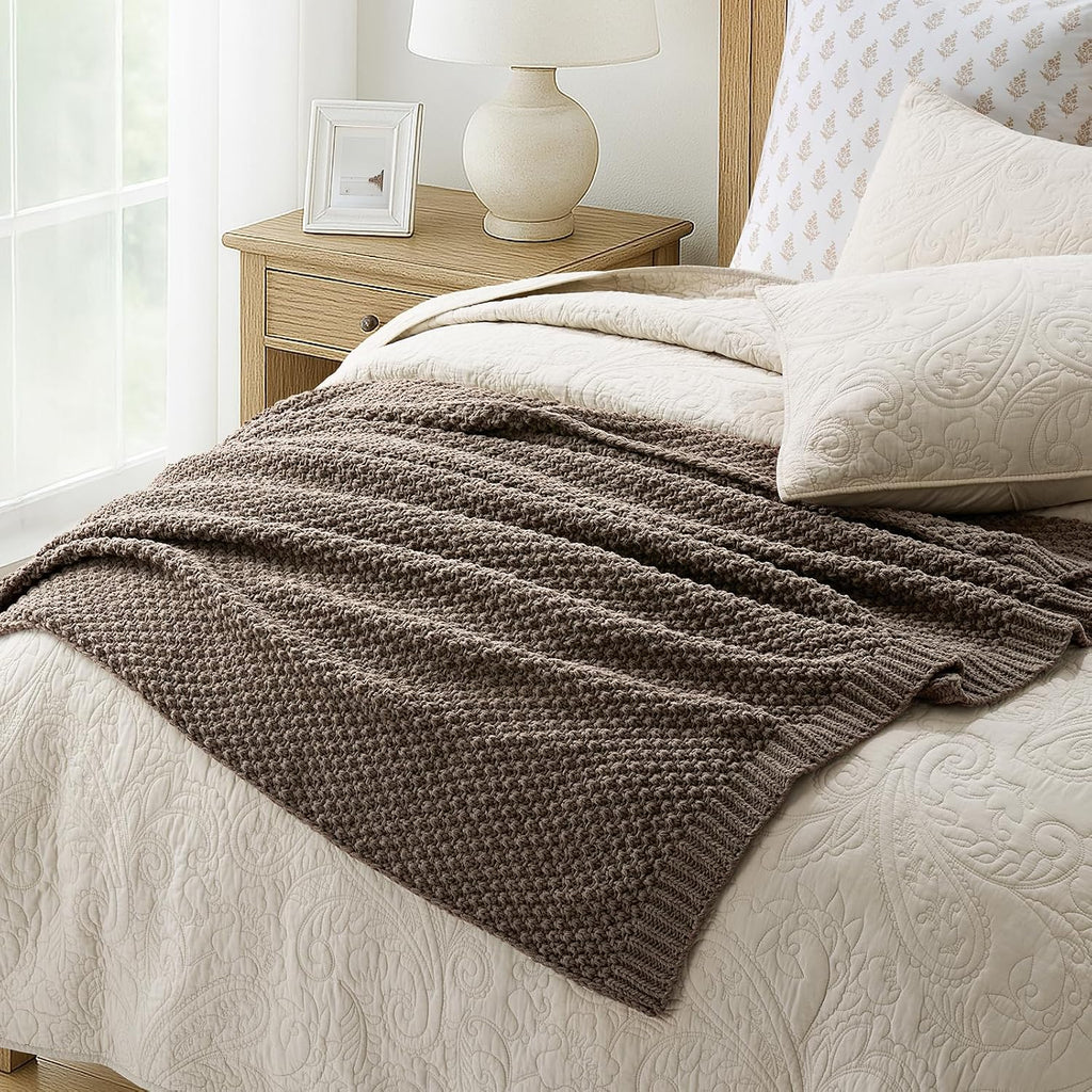 Chunky Chenille Knit Throw Blanket, Soft Luxurious Moss Stitch Blankets, Cozy Decorative Farmhouse Knitted Throws