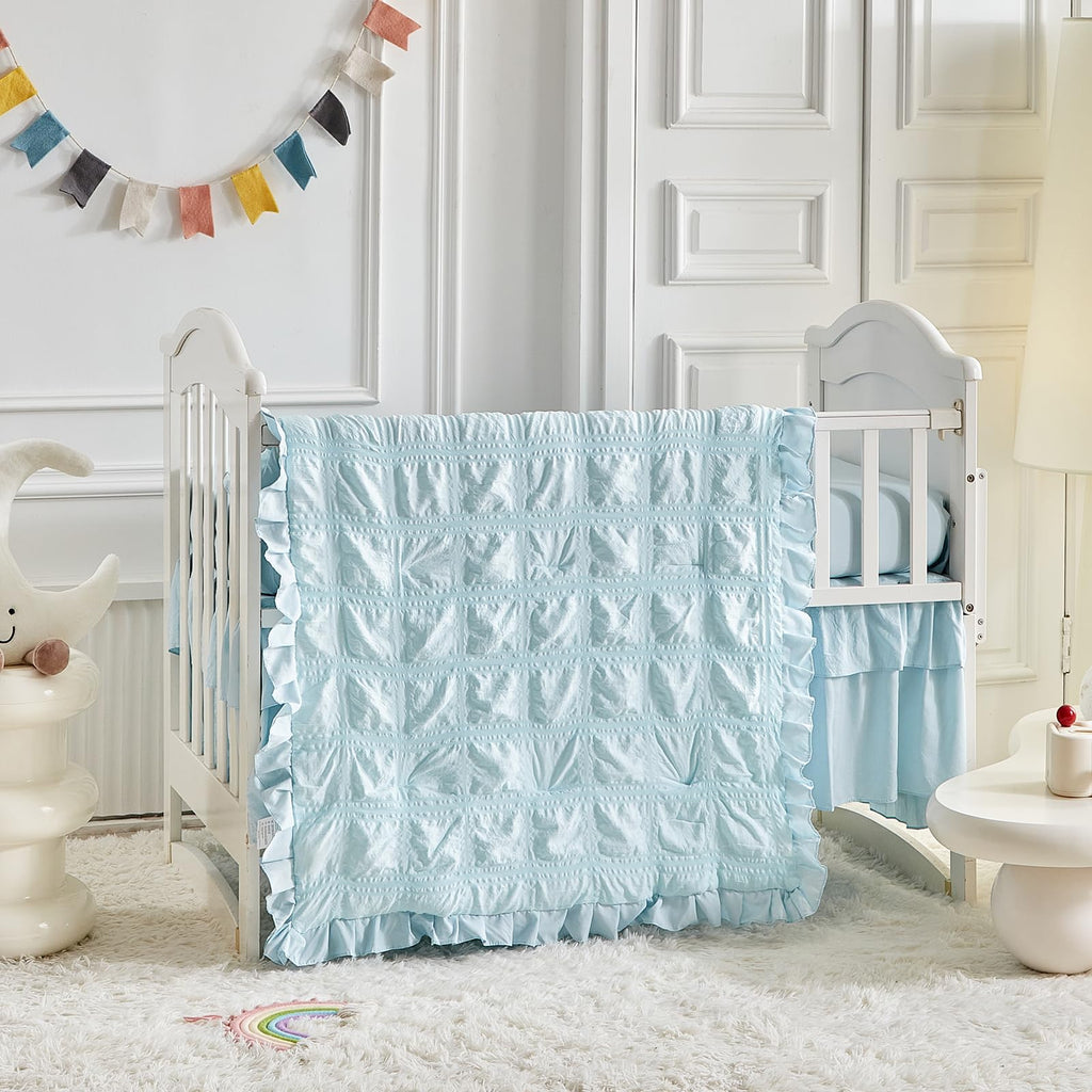 Ruffled Crib Bedding Set Baby Boho Quilted Comforter with Fitted Sheet and Bed Skirt - Cute Soft Breathable