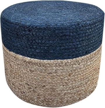 Jute Pouf Ottoman | Footrest Pouf | Hand Braided - Round Boho Pouffe - (18"x18"x12") Navy