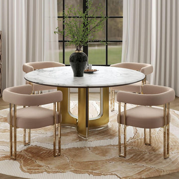 Velvet Dining Chairs Set of 4, Khaki Upholstered Barrel Armchairs with Gold Metal Legs for Kitchen Island, Mid