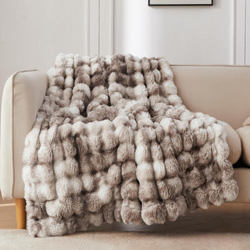 Faux Fur Throw Blanket, Cozy Soft and Fuzzy Plush Rabbit Fur Bubble Blanket, 50x60 Inches Tie Dye Brown