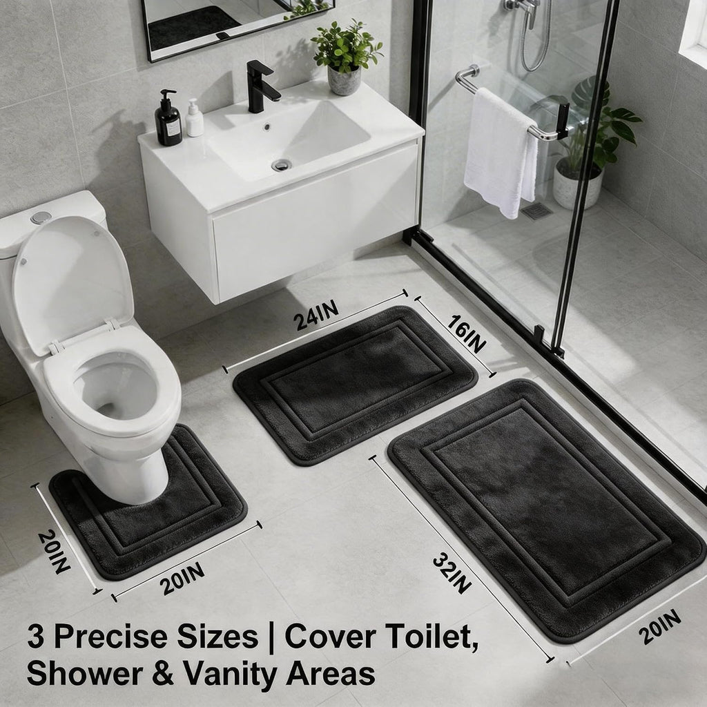 Bathroom Rugs Set 3 Piece Memory Foam Bath Mats Non-Slip Bath Rug Set ,Washable Bathroom Mats,Absorbent Shaggy Rug